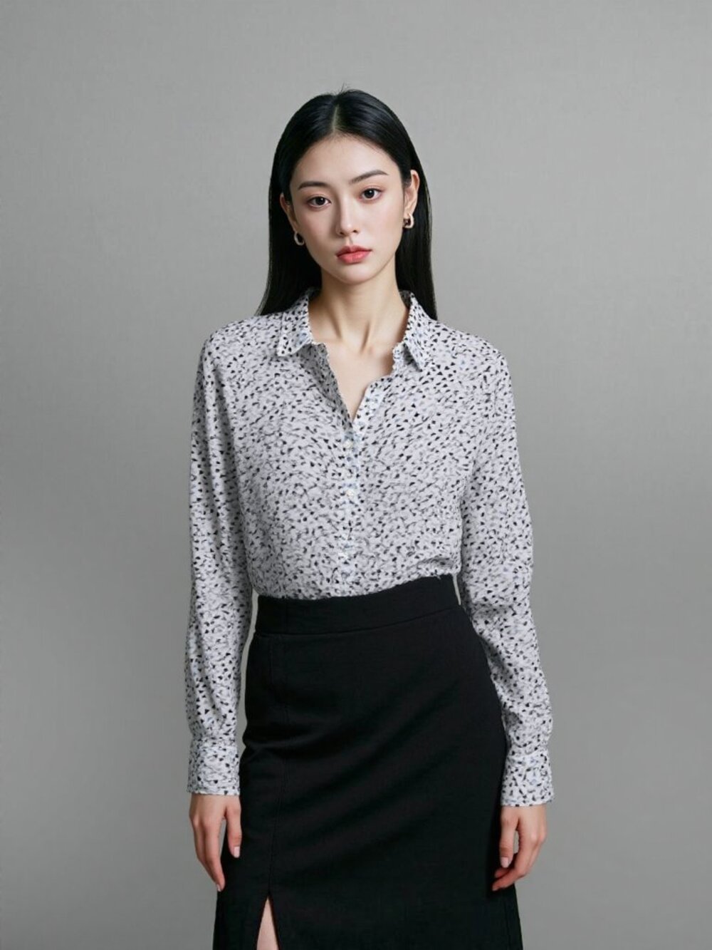 Uniqlo White Sheer Shirt with Light Blue and Black Triangle Pattern